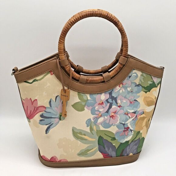 Fossil Hibiscus Boat Double Bamboo Handle  Bag Floral Purse 75082 Key Charm - Picture 3 of 11